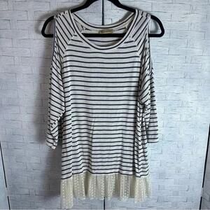 Democracy cold shoulder laced hem tunic top striped bohemian hippie whimsigoth